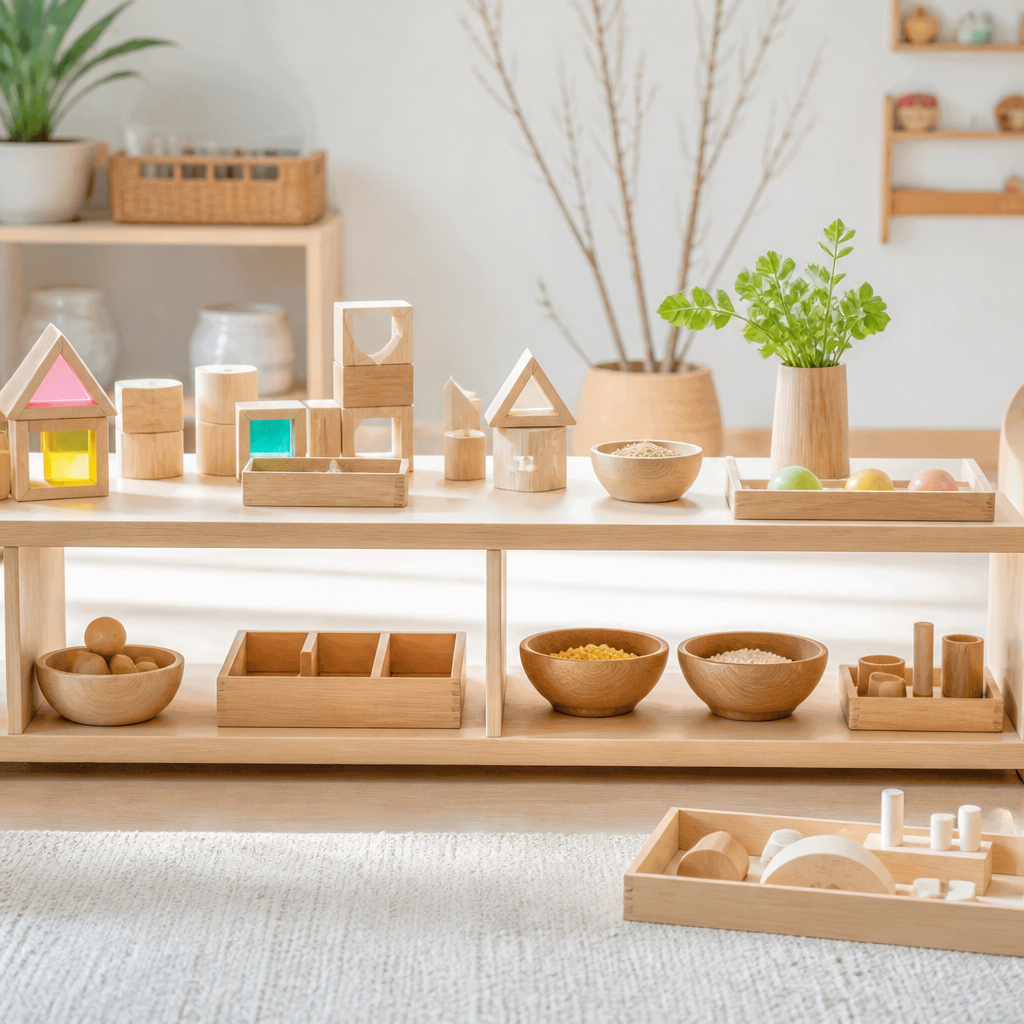 Verschiedene Montessori-Materialien mit Bausteinen, Steckformen und Sortierschalen in einer hellen Spielumgebung