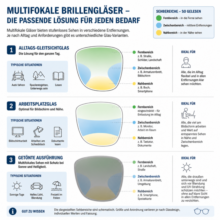Schematische Darstellung verschiedener multifokaler Brillenglasvarianten und ihrer Sehbereiche