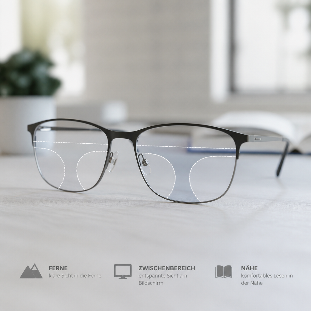 Moderne multifokale Brille als Symbol für scharfes Sehen in mehreren Entfernungen