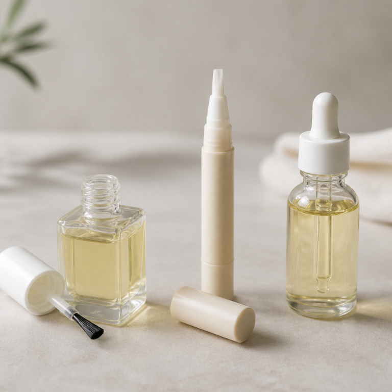 Nagelu00f6l im Flu00e4schchen, als Pflegestift und mit Pipette im Vergleich