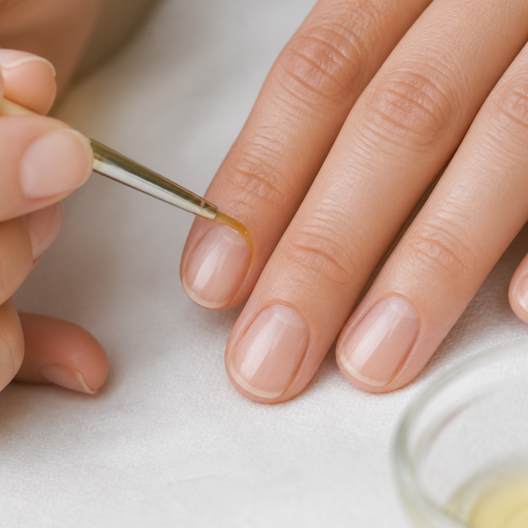 Nagelu00f6l wird sparsam mit einem feinen Pinsel auf die Nagelhaut aufgetragen