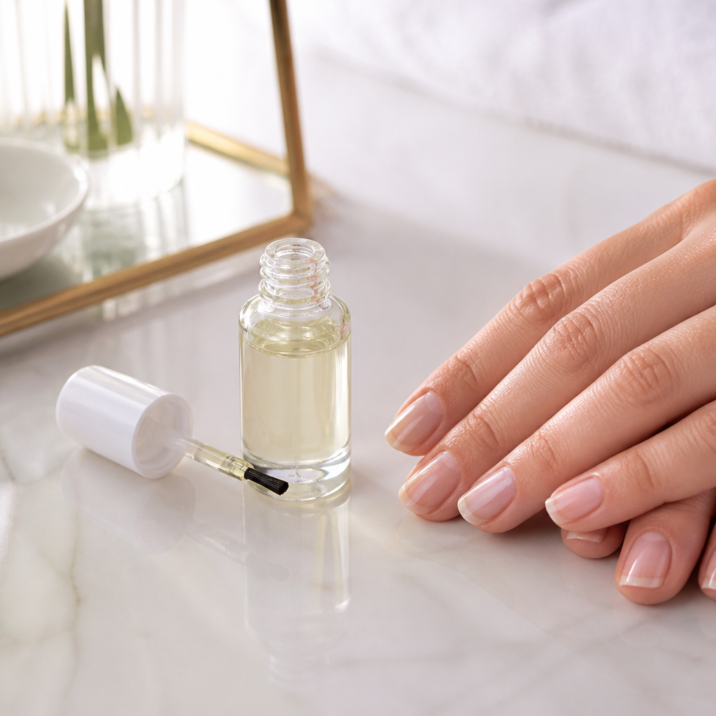 Fläschchen mit Nagelöl und Pinsel neben gepflegten natürlichen Fingernägeln