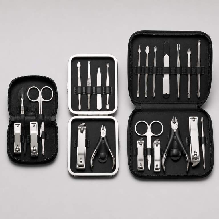 Vergleich von kompaktem Reiseetui, Maniku00fcre-Set und umfangreichem Nagelpflege-Etui