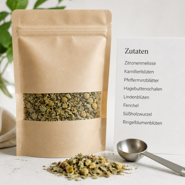 Gut verschlossene Kru00e4utertee-Packung mit Zutatenliste und trockenem Messlu00f6ffel