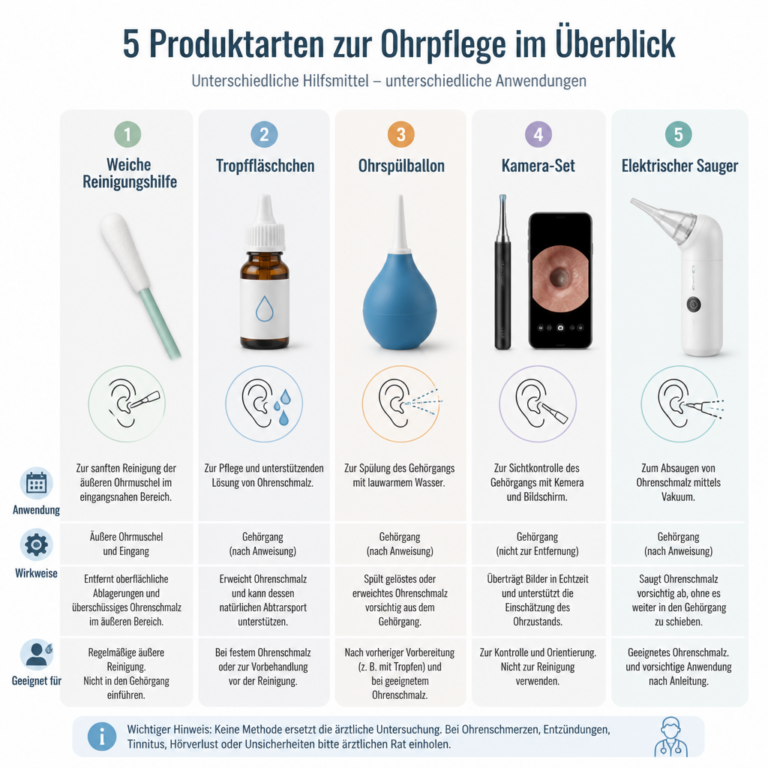 u00dcbersicht verschiedener Arten von Hilfsmitteln zur Ohrpflege