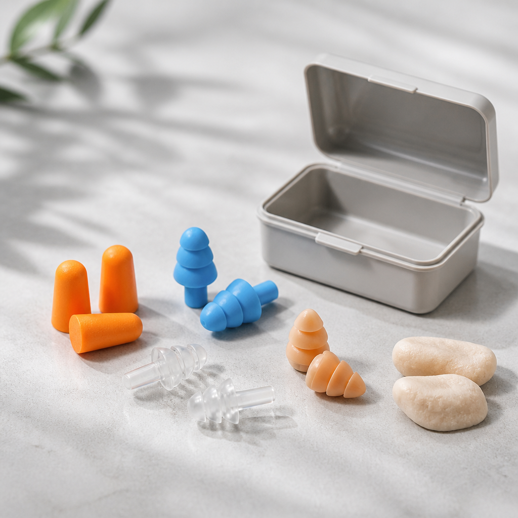 Verschiedene Ohrstöpsel aus Schaumstoff und Silikon mit Aufbewahrungsbox
