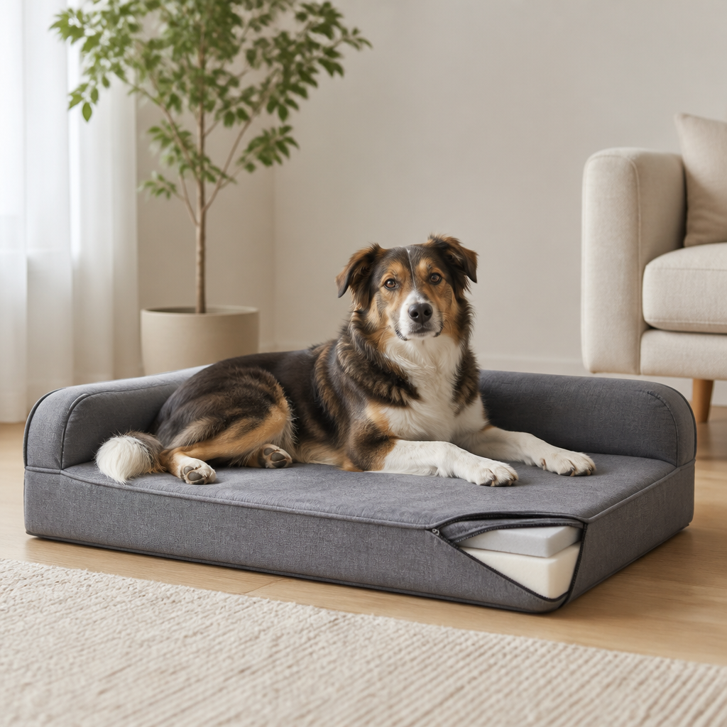 Orthopädisches Tierbett mit formstabiler Matratze und niedrigem Einstieg für einen entspannt liegenden Hund.