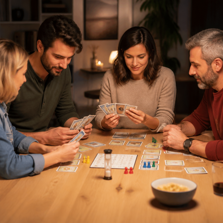 Vorbereitung eines Spieleabends mit Karten, Anleitung und Teammarkern