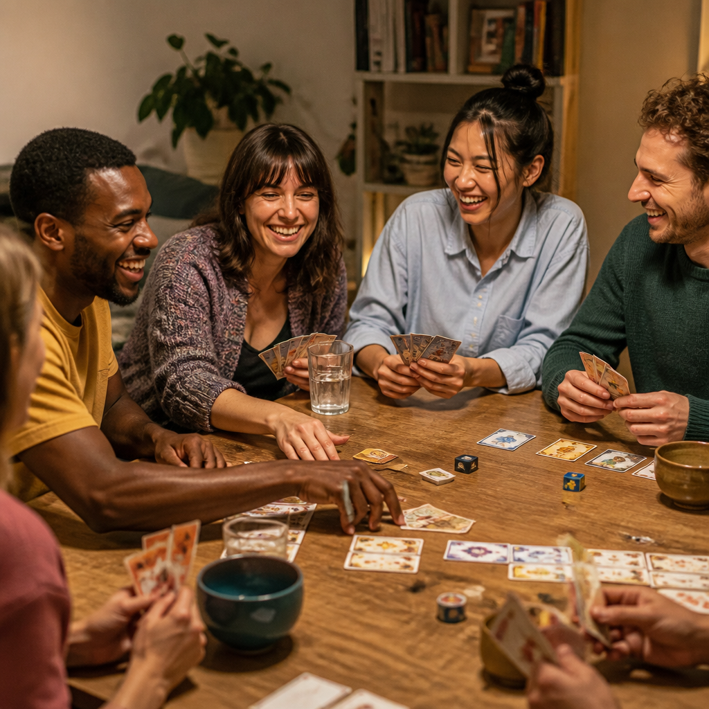 Erwachsene spielen gemeinsam ein geselliges Partyspiel an einem Tisch