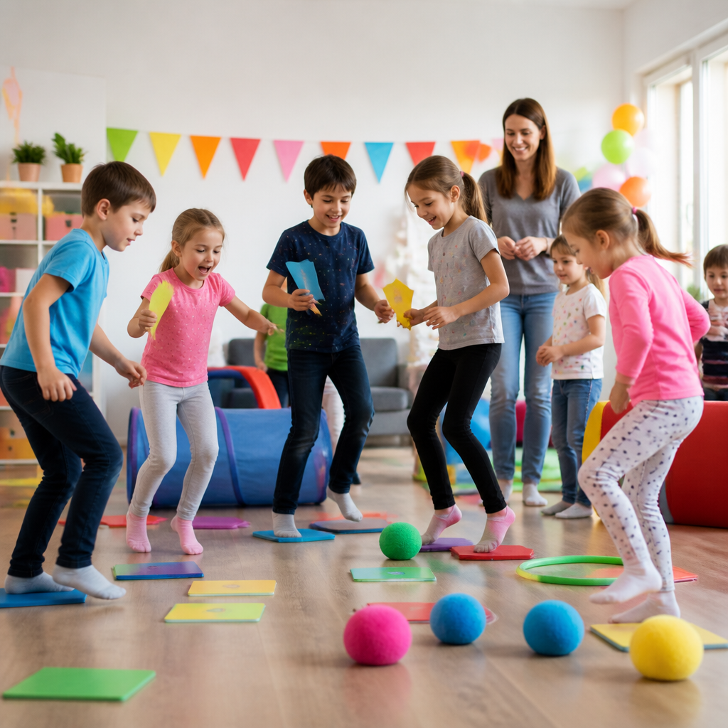 Kinder spielen gemeinsam ein abwechslungsreiches Partyspiel auf einer Geburtstagsfeier