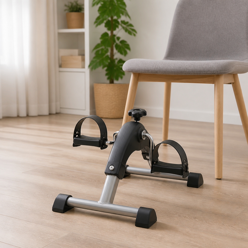 Kompakter Pedaltrainer mit Pedalen und rutschhemmenden Standfüßen vor einem Stuhl