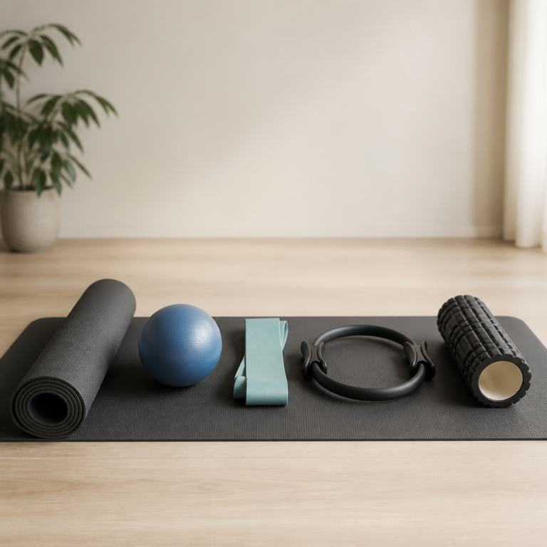 u00dcbersicht verschiedener Pilates-Hilfsmittel auf einer Trainingsmatte