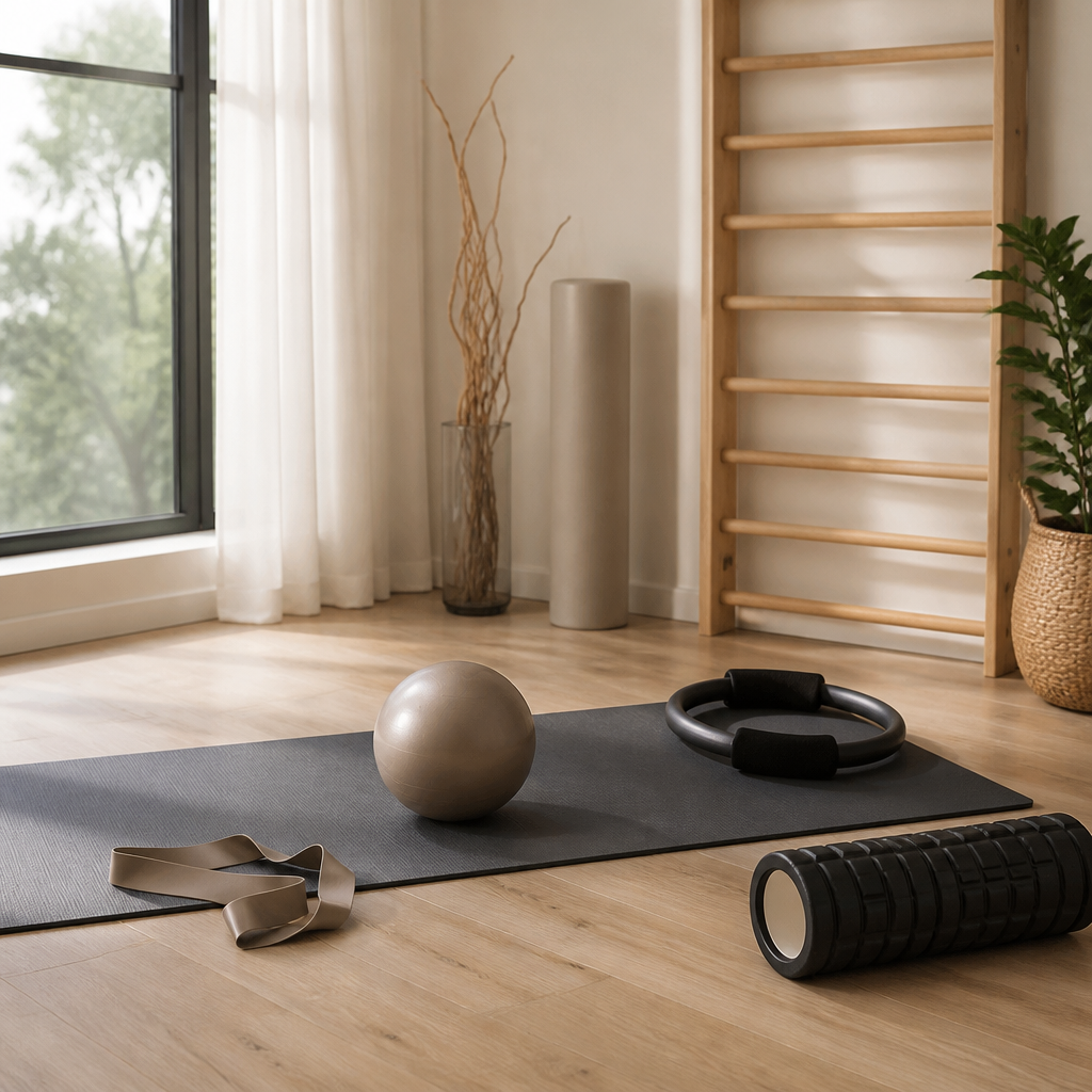 Pilates-Matte mit Ball, Elastikband, Ring und Faszienrolle für das Training zu Hause
