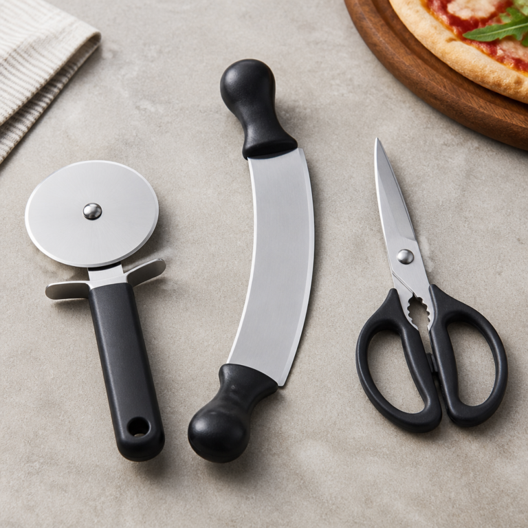 Rollmesser, Wiegemesser und Pizzaschere im direkten Vergleich