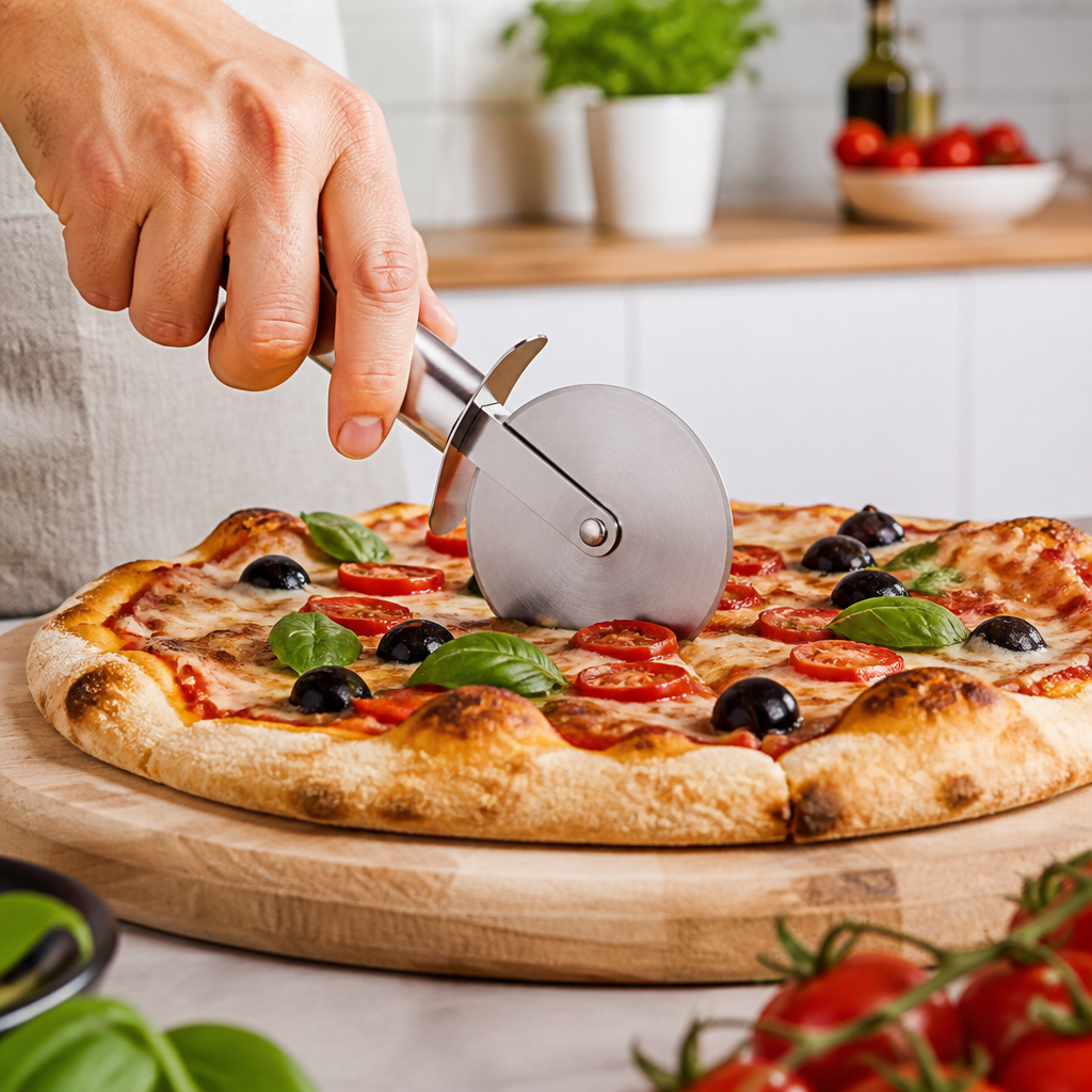 Pizzaschneider teilt eine frisch gebackene Pizza auf einem Holzbrett