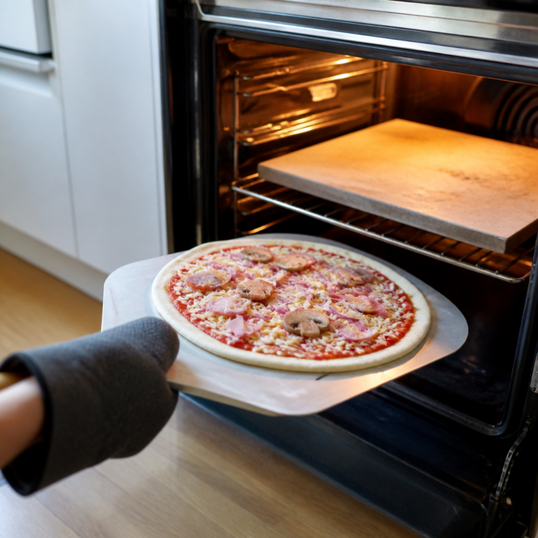 Pizza wird mit einem Schieber auf einen heiu00dfen Backstein im Ofen gelegt