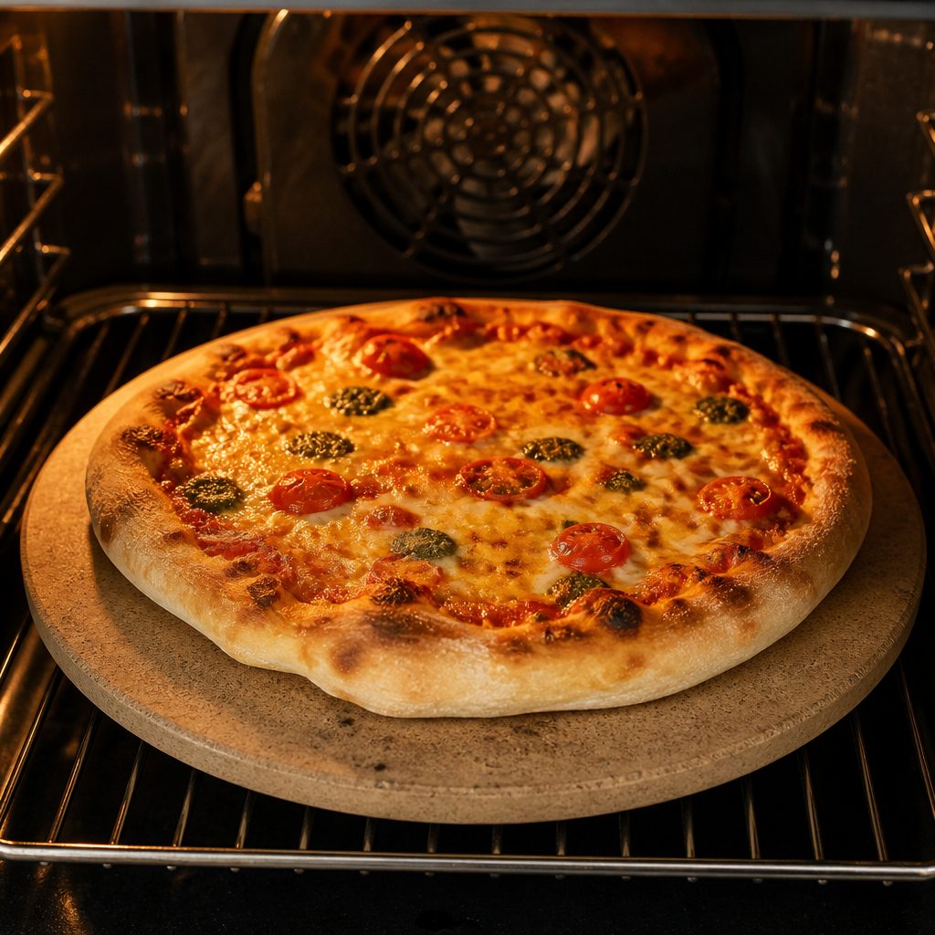 Frisch gebackene Pizza auf einem aufgeheizten Pizzastein im Backofen