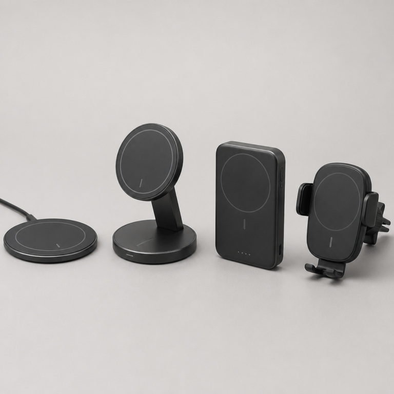 u00dcbersicht aus Ladepad, Ladestu00e4nder, Powerbank und Autohalterung fu00fcr Qi2
