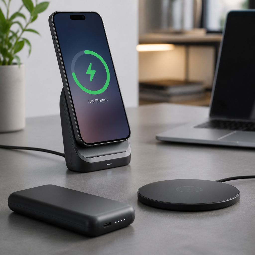 Smartphone mit magnetischem Ladeständer, Ladepad und Powerbank als Qi2-Zubehör