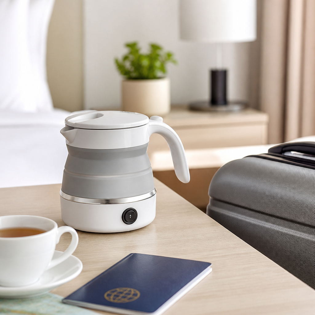 Kompakter Reisewasserkocher auf einem Hoteltisch neben Tasse und Reisegepäck