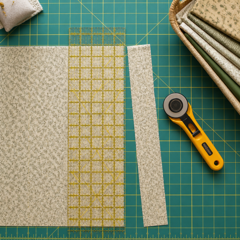 Stoffzuschnitt mit Rollschneider, Schneidematte und transparentem Lineal