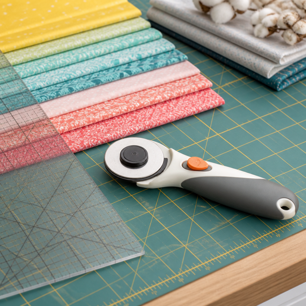 Rollschneider mit Schneidematte, Patchworklineal und ausgerichtetem Stoff