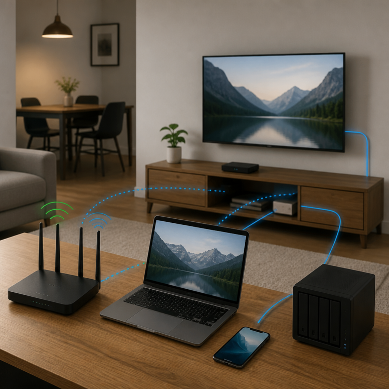 Router mit WLAN- und LAN-Verbindungen zu verschiedenen Geru00e4ten