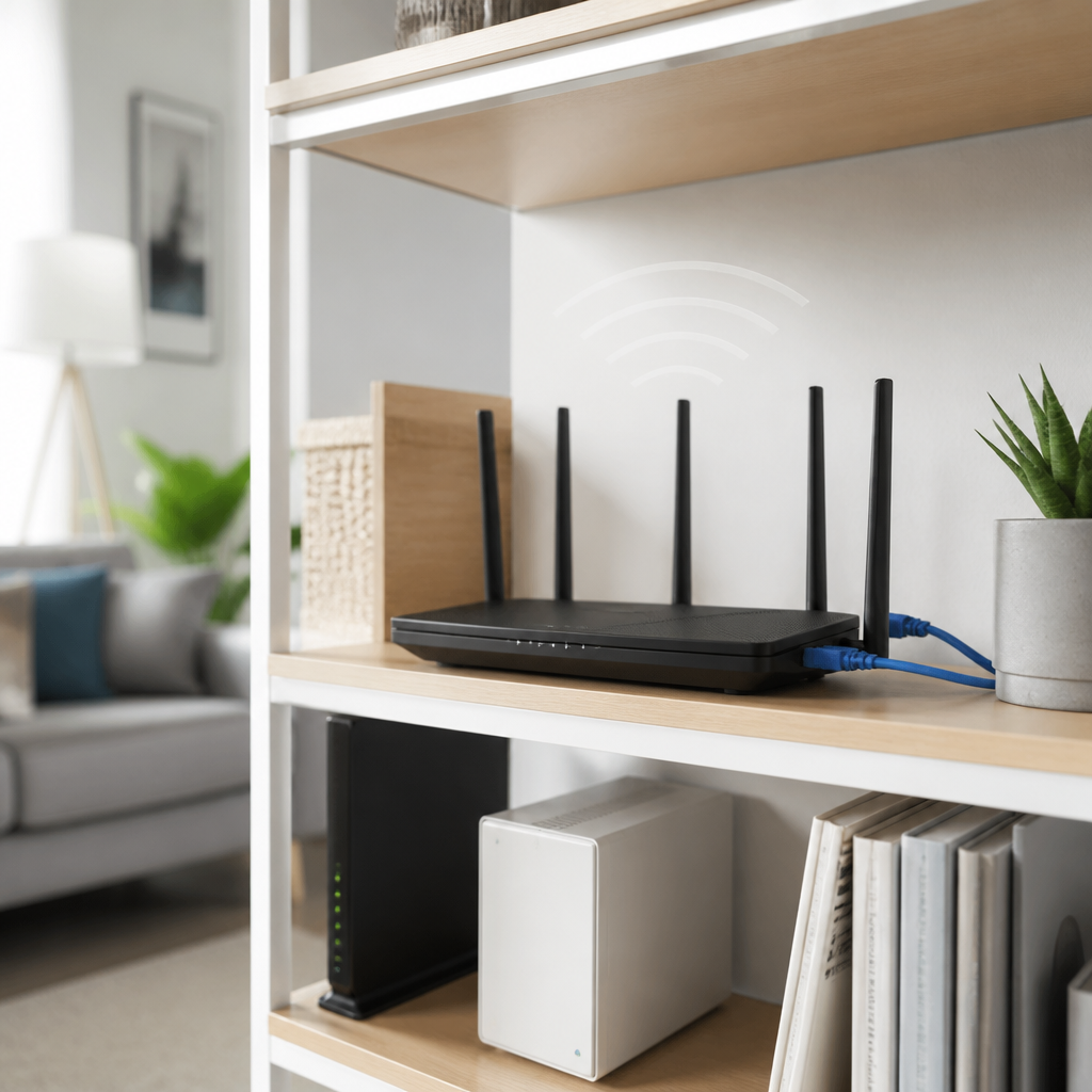 Moderner Router auf einem offenen Regal in einem gut eingerichteten Heimnetzwerk