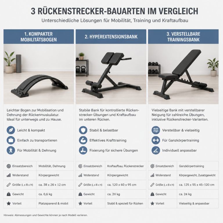 Vergleich von Mobilitu00e4tsbogen, Hyperextensionsbank und verstellbarer Ru00fcckenbank.