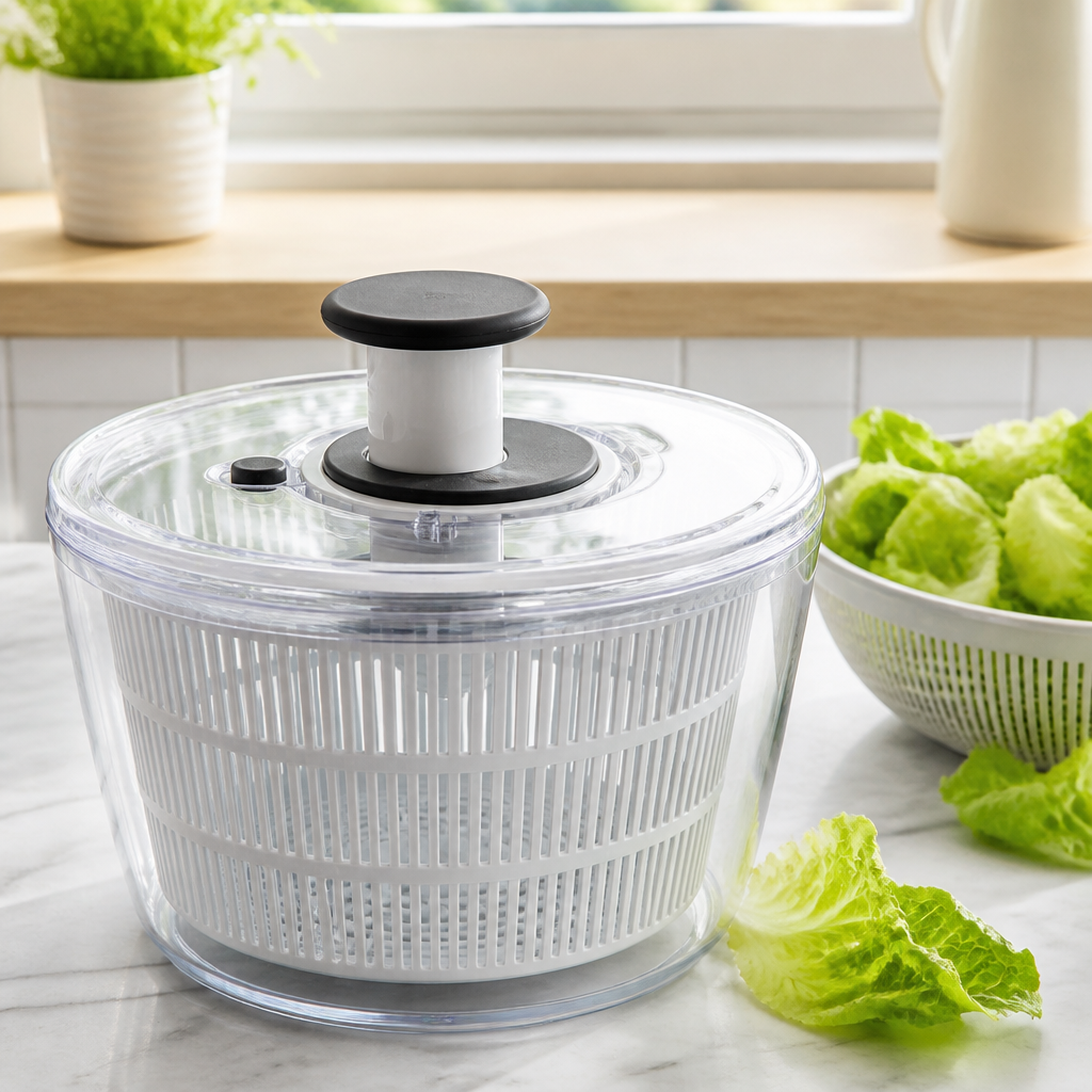 Salatschleuder mit Siebeinsatz und frischem Blattsalat in einer hellen Küche