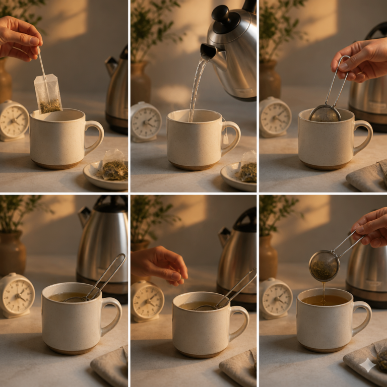 Teesieb und Tasse bei der Zubereitung eines Kru00e4uteraufgusses am Abend