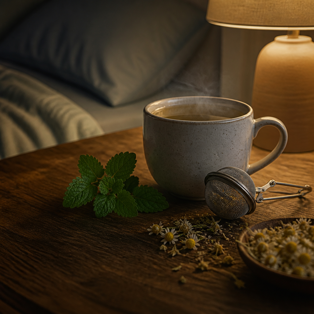 Tasse Kräutertee mit Kamille und Melisse auf einem ruhigen Nachttisch am Abend