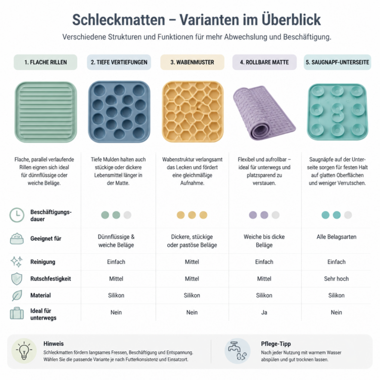 Vergleich verschiedener Oberflu00e4chen und Bauformen von Schleckmatten