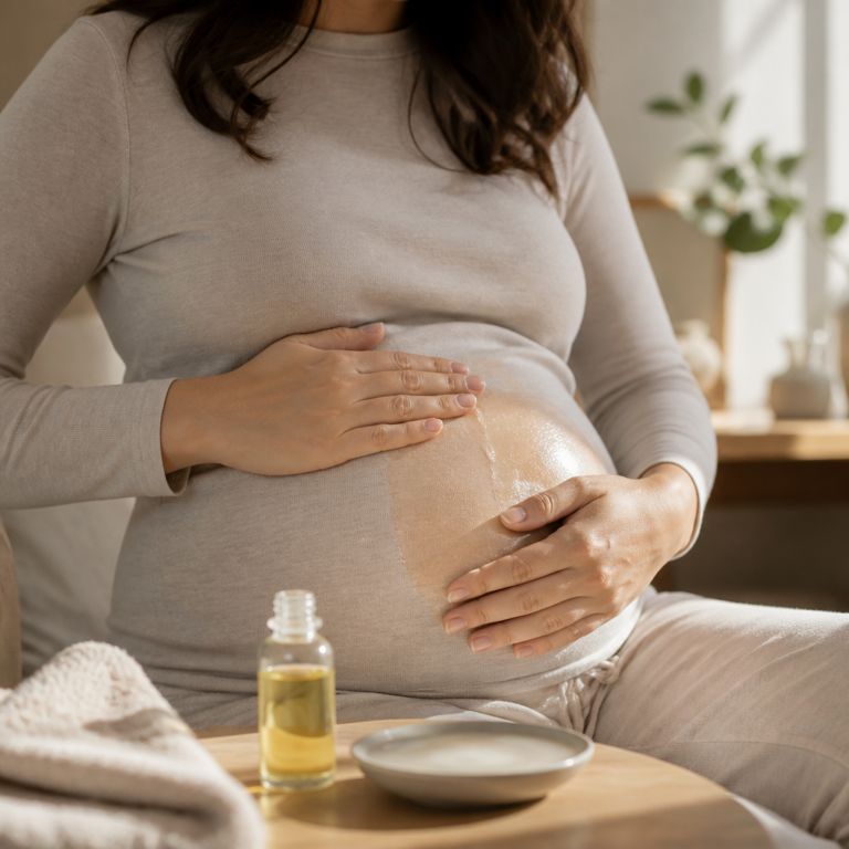Sanftes Auftragen von Ku00f6rperu00f6l auf den Bauch wu00e4hrend der Schwangerschaft