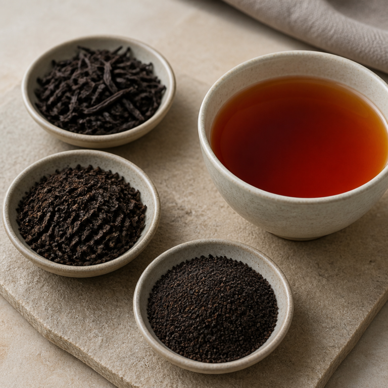 Unterschiedliche Blattgrade von schwarzem Tee neben einer Tasse