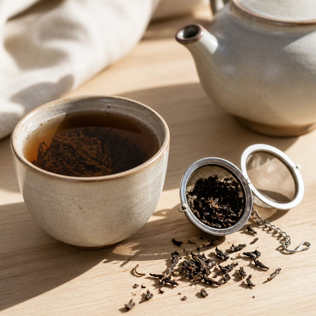 Tasse mit aufgegossenem schwarzem Tee und losem Tee in einem Sieb