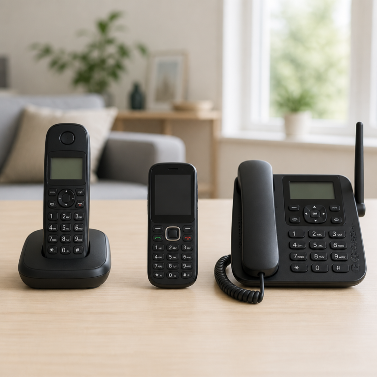 Vergleich von Festnetztelefon, Seniorenhandy und stationu00e4rem Mobilfunktelefon