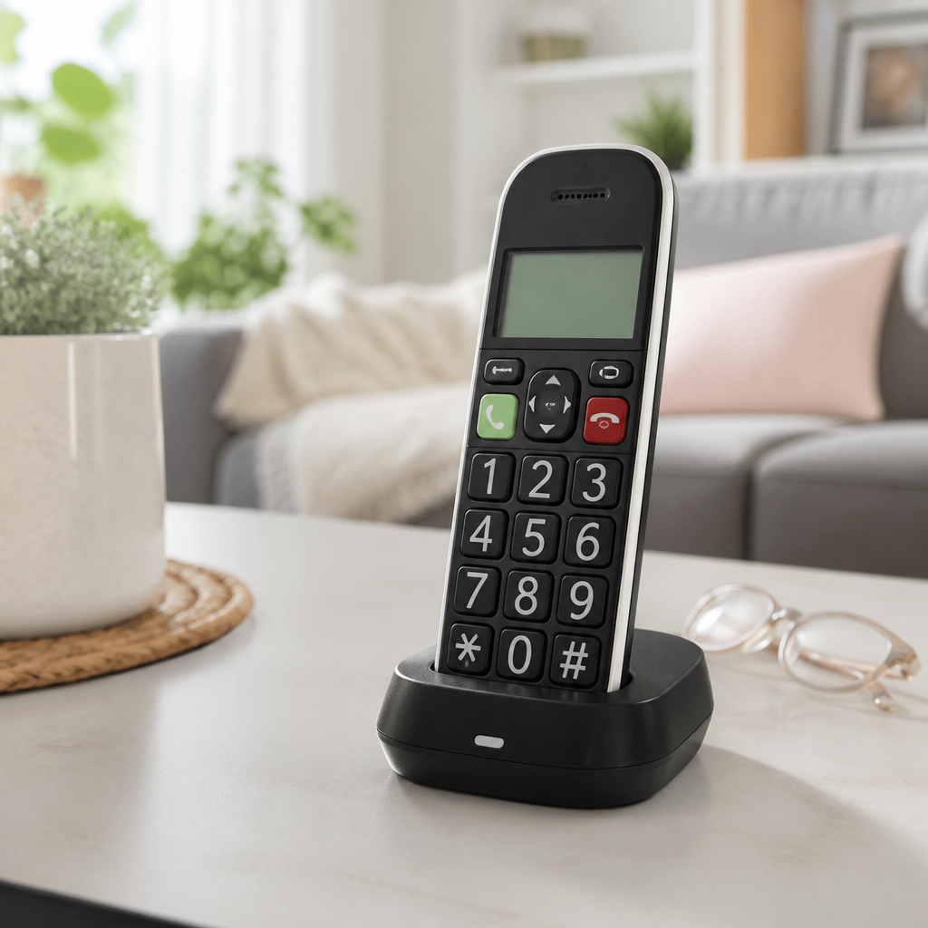 Seniorengerechtes Telefon mit großen Tasten und Ladestation auf einem Wohnzimmertisch