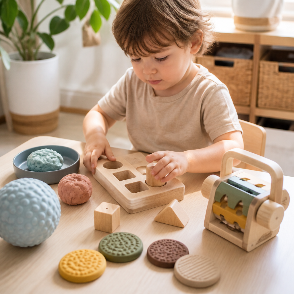 Verschiedene sensorische Spielmaterialien auf einem hellen Spieltisch