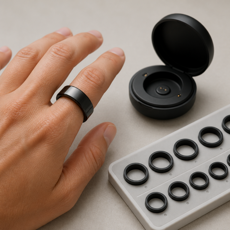 Smart Ring mit Ringgru00f6u00dfen-Messset und Ladeschale