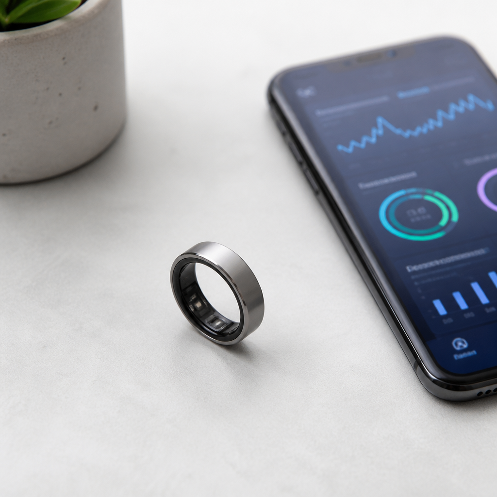 Moderner Smart Ring neben einem Smartphone mit abstrakter Gesundheitsauswertung