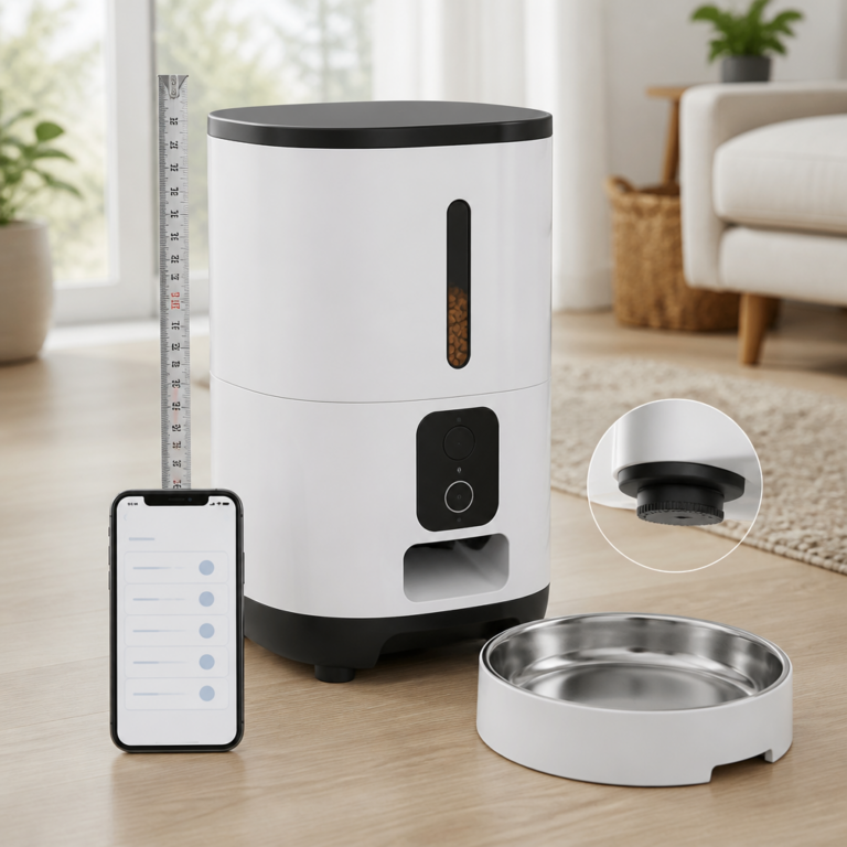 Smarte Futterautomaten mit Mau00dfband, herausnehmbarer Schale und Zeitplan auf einem Smartphone