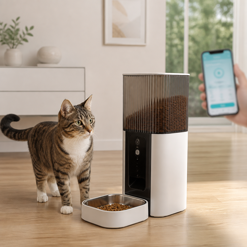 Moderner smarter Futterautomat mit Katze und herausnehmbarer Futterschale in einer hellen Wohnung