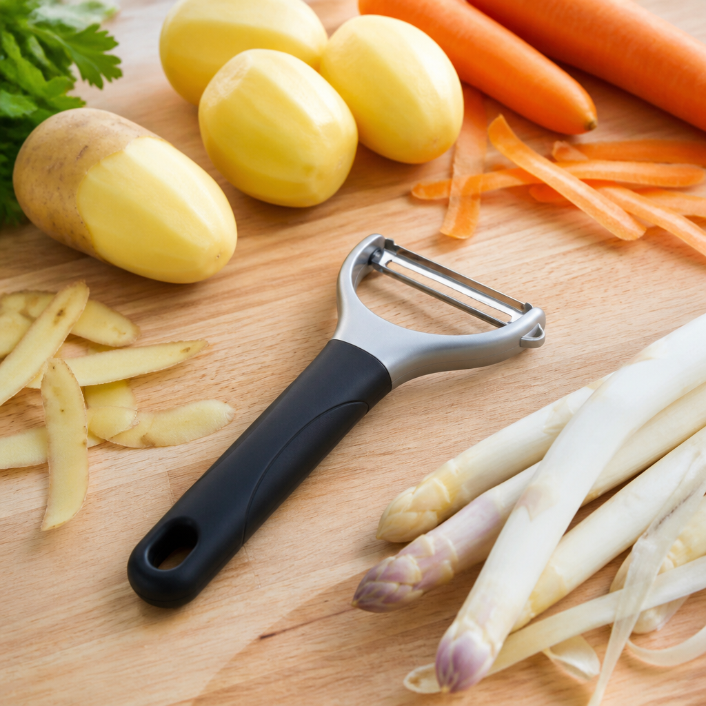 Sparschäler neben Kartoffeln, Möhren und Spargel auf einem Küchenbrett