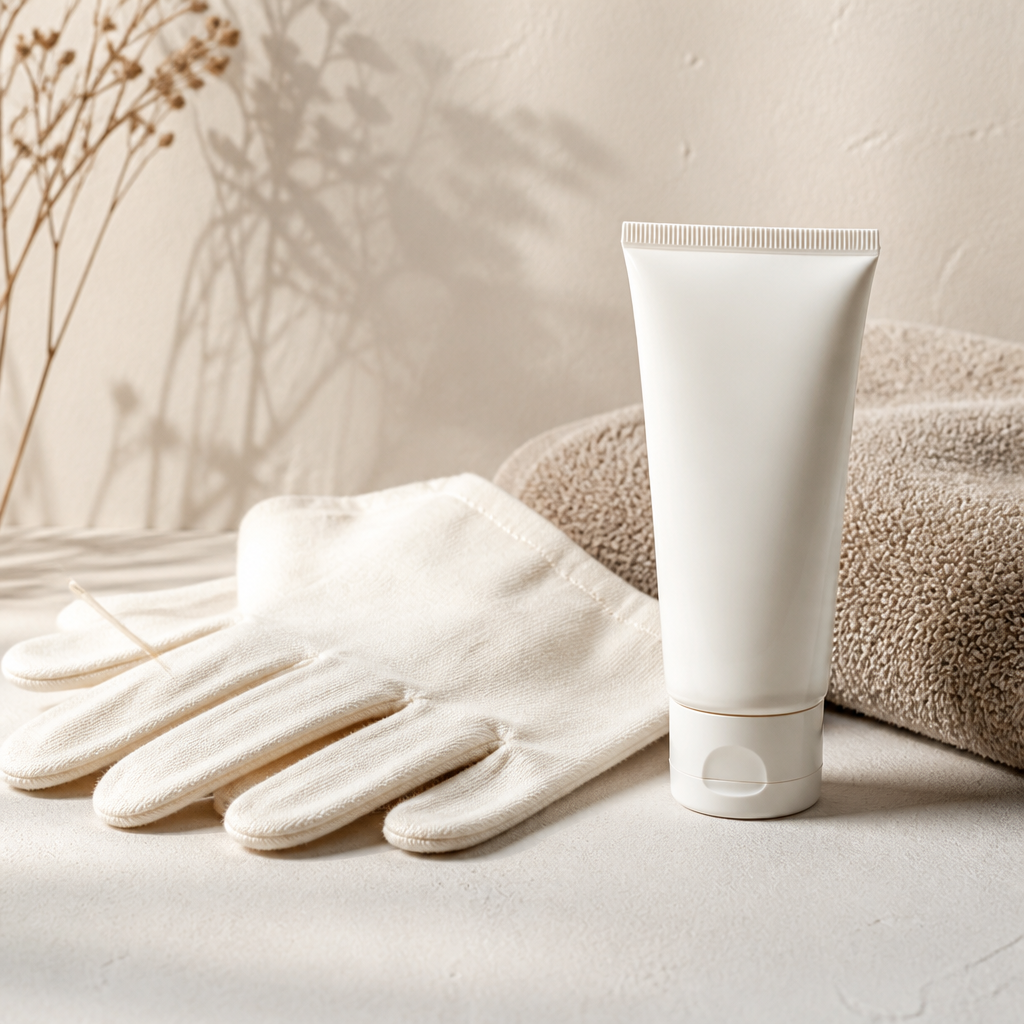 Neutrale Creme zur Pflege frisch tätowierter Haut neben Handtuch und sauberen Handschuhen