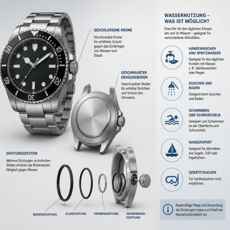 Detailansicht von Krone, Gehu00e4useboden und Dichtungen einer Taucheruhr