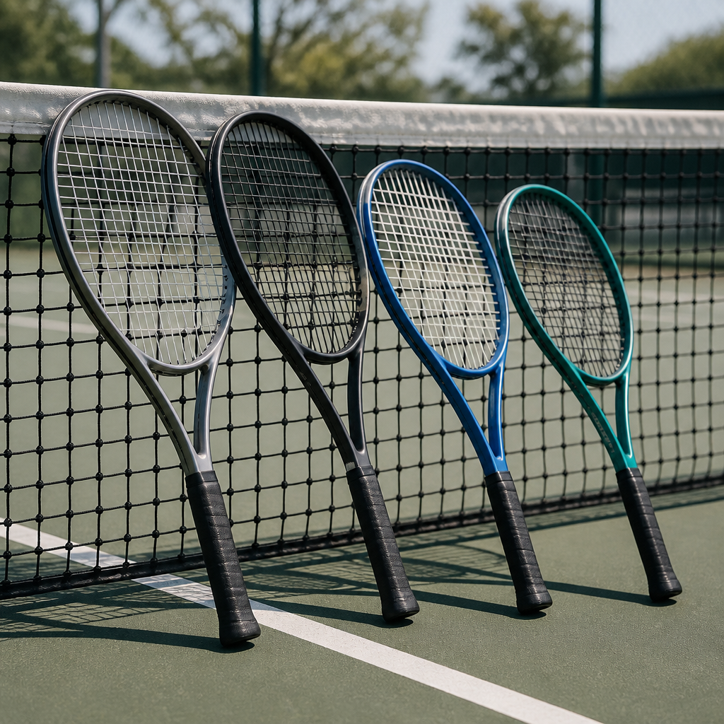 Mehrere Tennisschläger mit unterschiedlichen Rahmenformen auf einem Tennisplatz