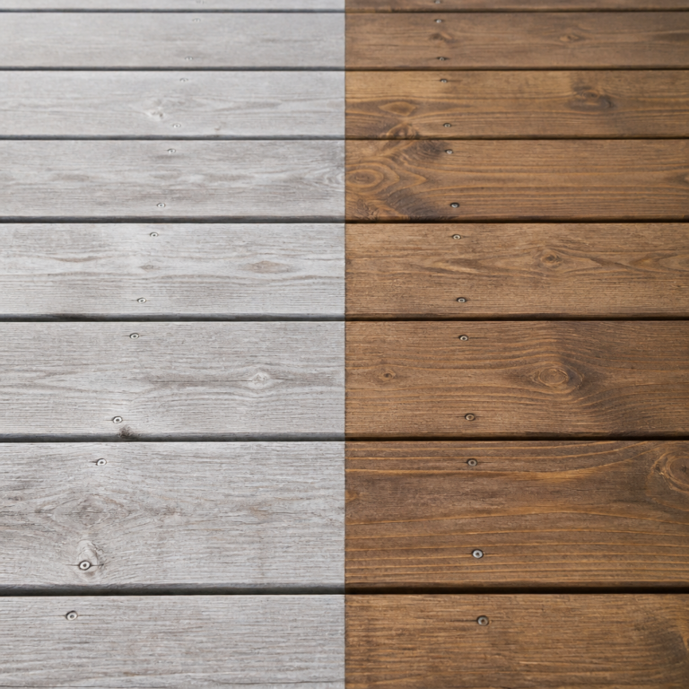 Vergleich zwischen trockenen und gepflegten Terrassendielen