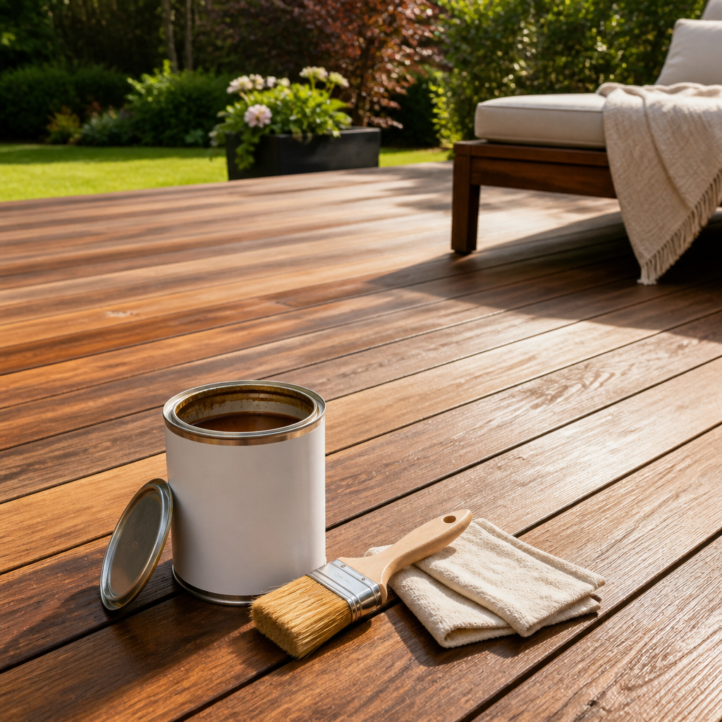 Gepflegte Holzterrasse mit Terrassenöl, Pinsel und Tuch
