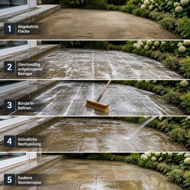 Schrittweise Anwendung eines Reinigers auf Terrassenplatten